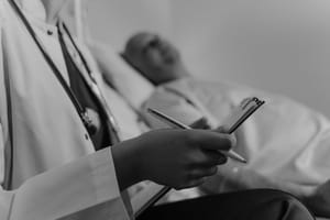 Doctor with a clipboard and a guy in the hospital bed